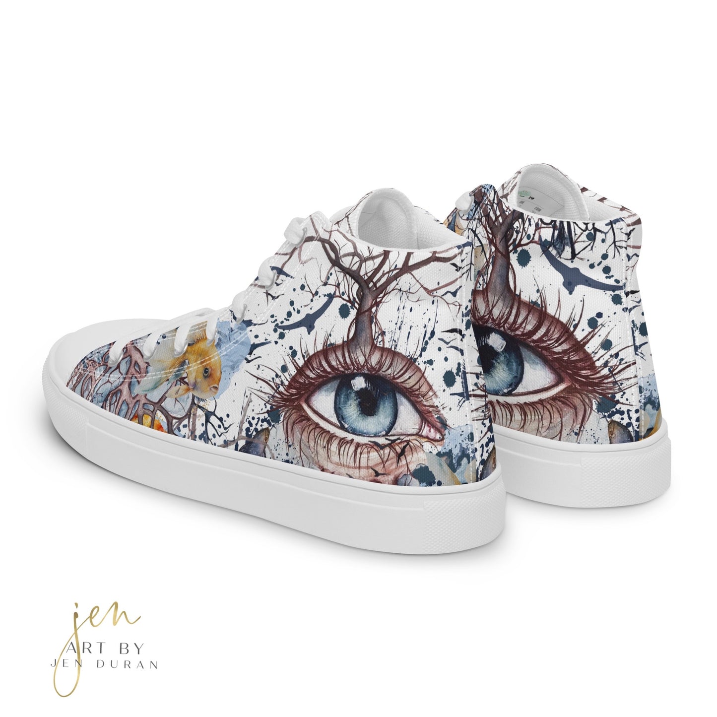 high top shoes, high top sneakers, canvas shoes, trendy shoes, eye design, popular shoes, unique shoe design, mens shoes, womens shoes, art by jen duran