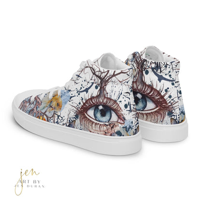high top shoes, high top sneakers, canvas shoes, trendy shoes, eye design, popular shoes, unique shoe design, mens shoes, womens shoes, art by jen duran