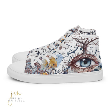 high top shoes, high top sneakers, canvas shoes, trendy shoes, eye design, popular shoes, unique shoe design, mens shoes, womens shoes, art by jen duran
