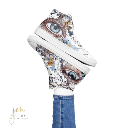 high top shoes, high top sneakers, canvas shoes, trendy shoes, eye design, popular shoes, unique shoe design, mens shoes, womens shoes, art by jen duran