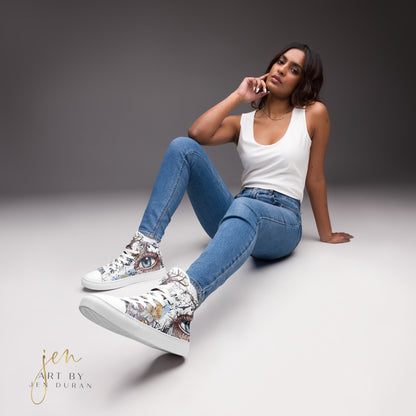 high top shoes, high top sneakers, canvas shoes, trendy shoes, eye design, popular shoes, unique shoe design, mens shoes, womens shoes, art by jen duran