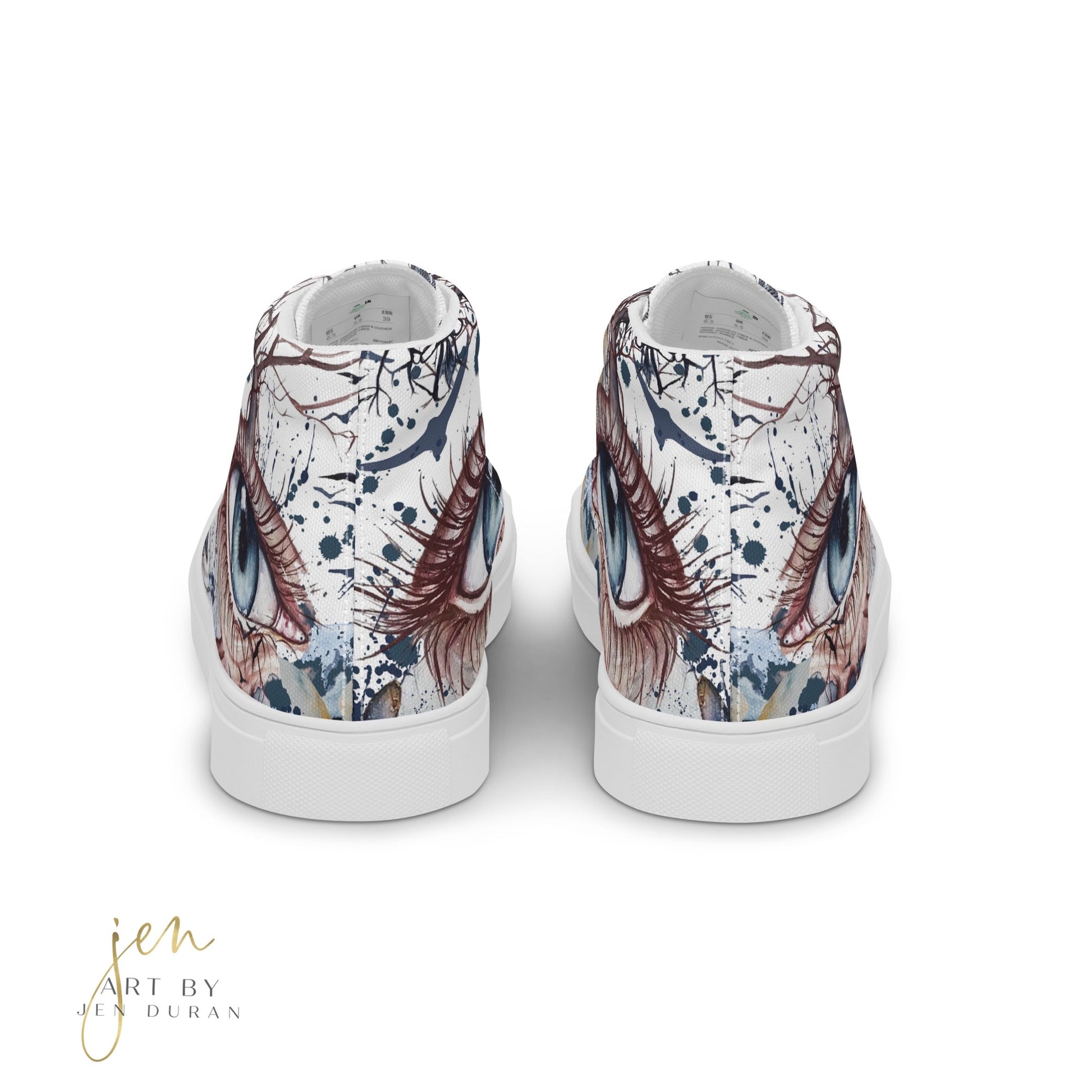 high top shoes, high top sneakers, canvas shoes, trendy shoes, eye design, popular shoes, unique shoe design, mens shoes, womens shoes, art by jen duran
