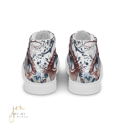 high top shoes, high top sneakers, canvas shoes, trendy shoes, eye design, popular shoes, unique shoe design, mens shoes, womens shoes, art by jen duran
