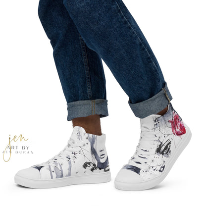 high top shoes, high top sneakers, canvas shoes, pride shoes, rainbow design, trendy fashion, unique shoe design, mens shoes, womens shoes, art by jen duran