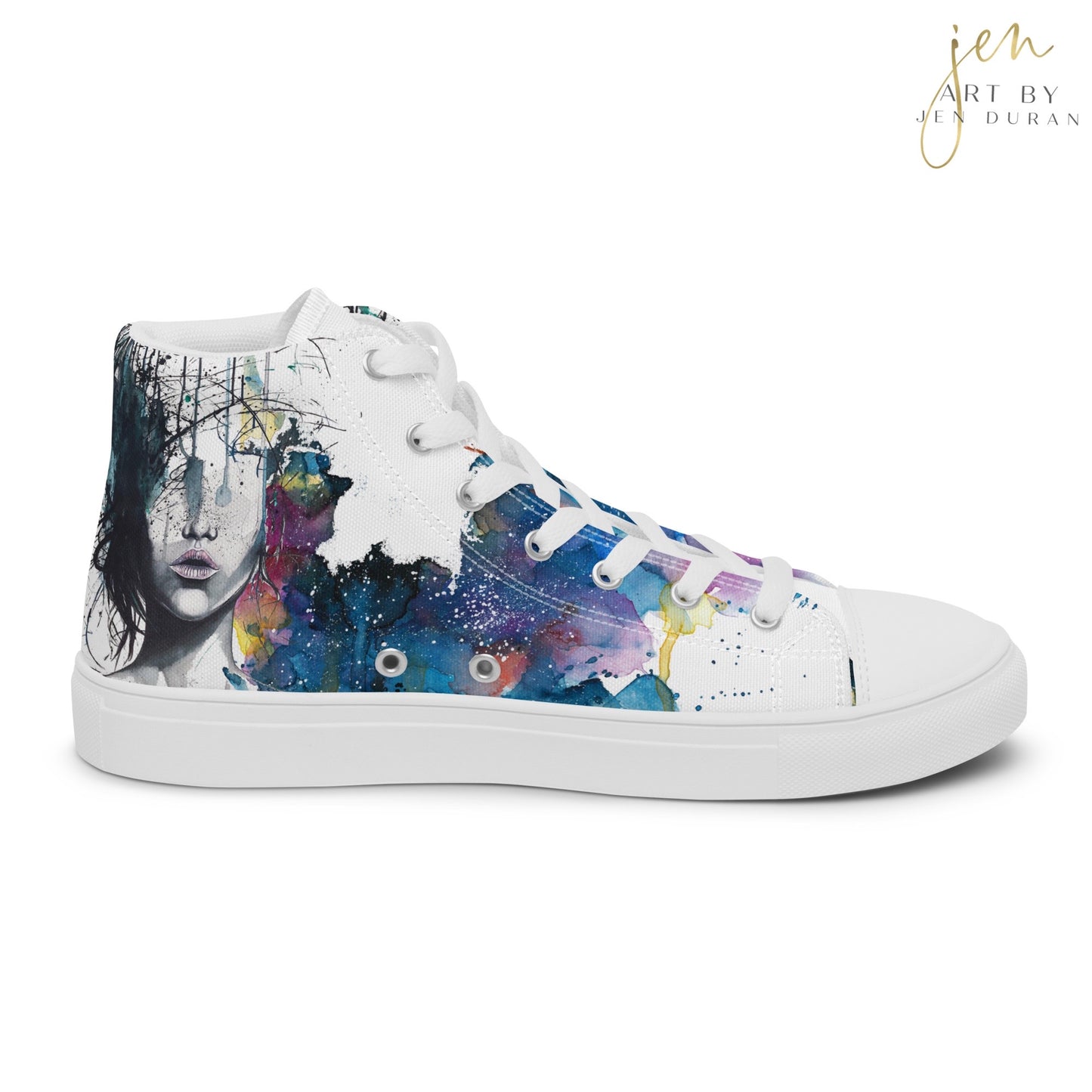high top shoes, high top sneakers, canvas shoes, trendy shoes, watercolor design, popular shoes, unique shoe design, mens shoes, womens shoes, trendy fashion, consumed by chaos, art by jen duran