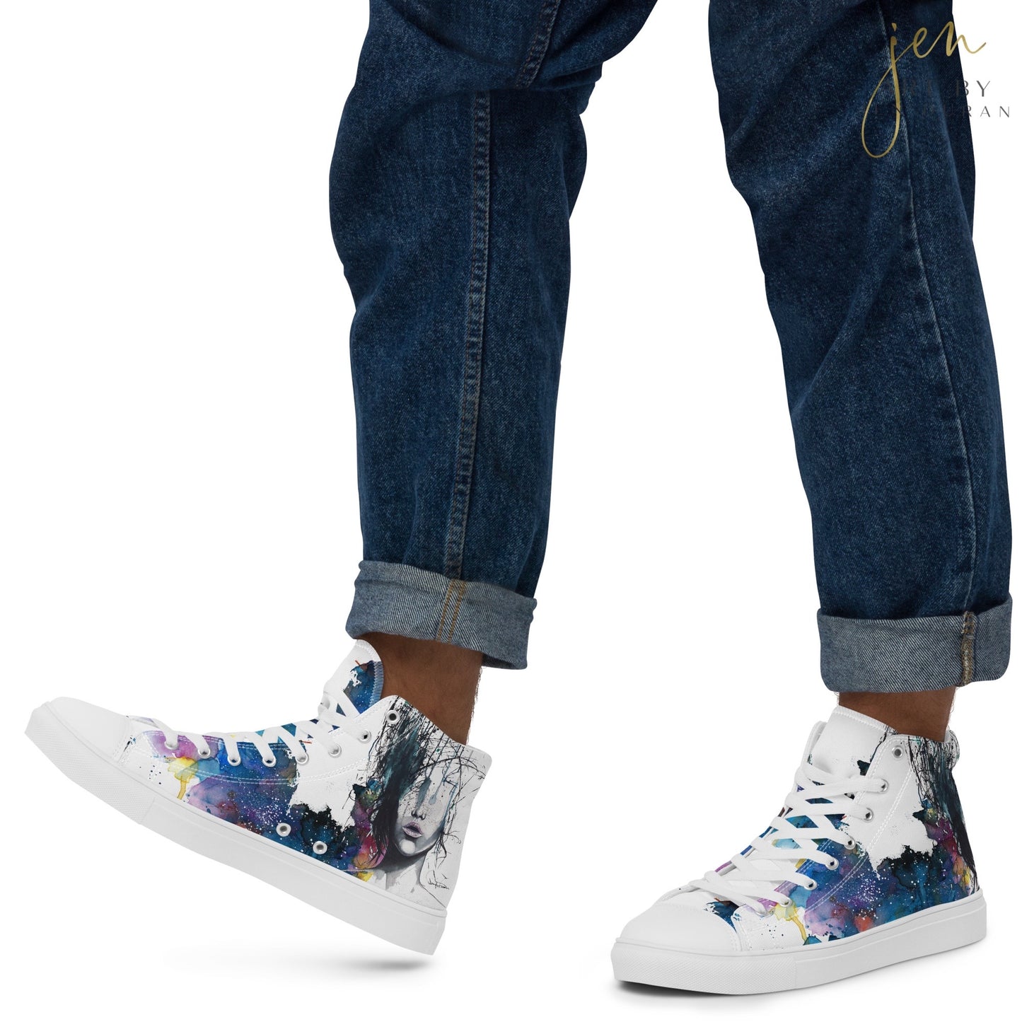 high top shoes, high top sneakers, canvas shoes, trendy shoes, watercolor design, popular shoes, unique shoe design, mens shoes, womens shoes, trendy fashion, consumed by chaos, art by jen duran