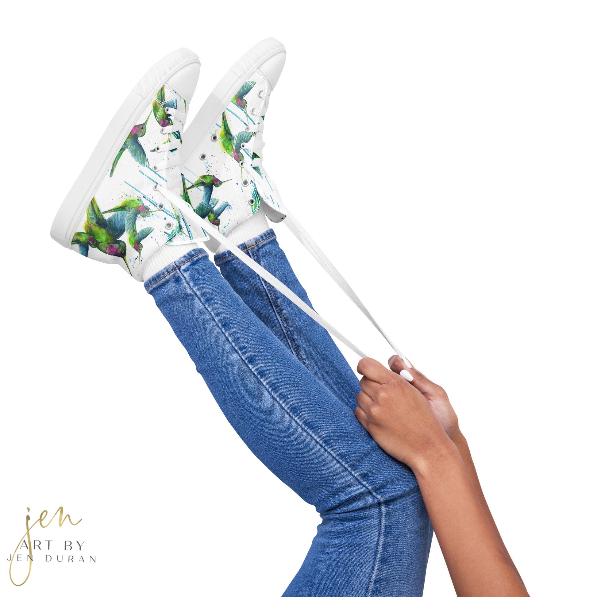 high top shoes, high top sneakers, canvas shoes, trendy shoes, watercolor hummingbird, popular shoes, unique shoe design, mens shoes, womens shoes, trendy fashion, art by jen duran