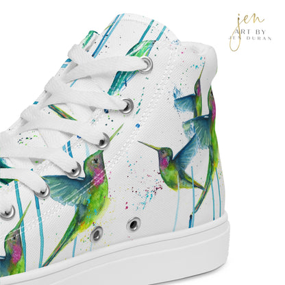 high top shoes, high top sneakers, canvas shoes, trendy shoes, watercolor hummingbird, popular shoes, unique shoe design, mens shoes, womens shoes, trendy fashion, art by jen duran
