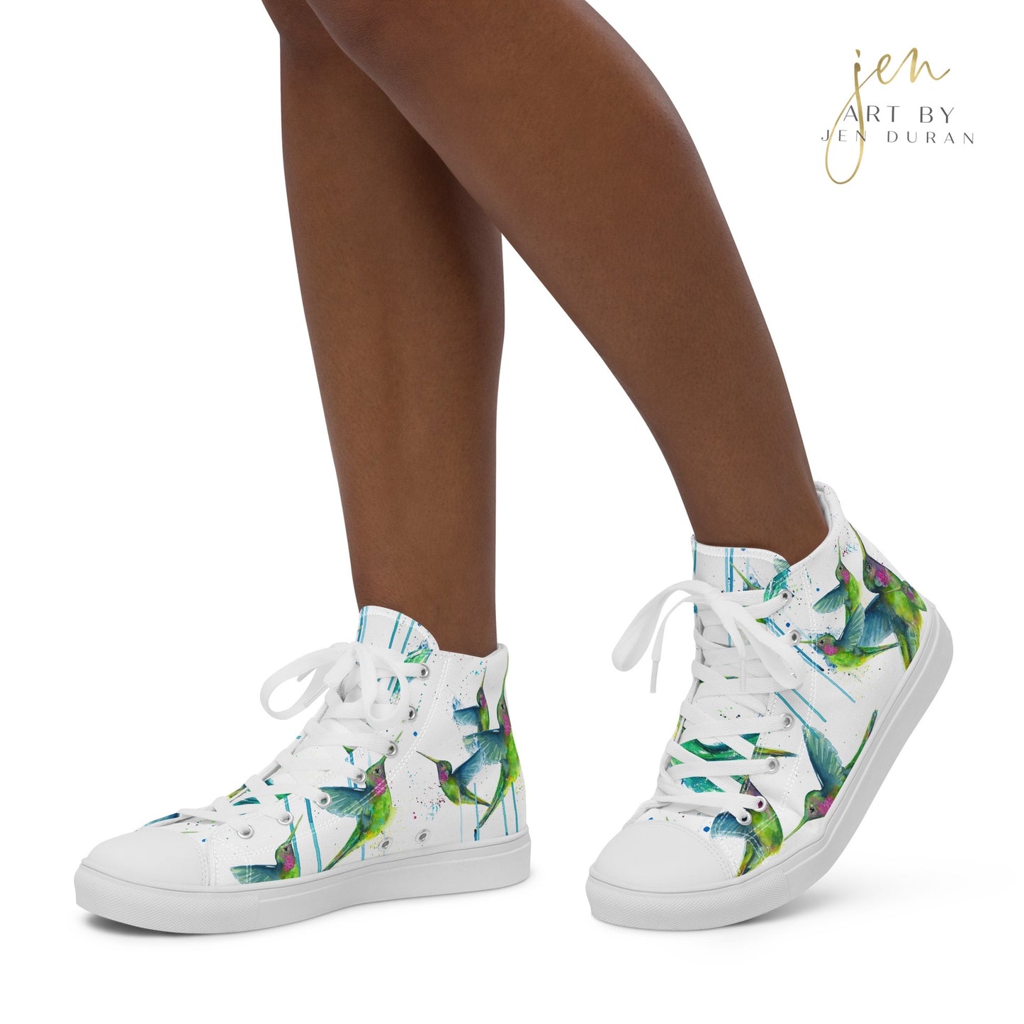 high top shoes, high top sneakers, canvas shoes, trendy shoes, watercolor hummingbird, popular shoes, unique shoe design, mens shoes, womens shoes, trendy fashion, art by jen duran