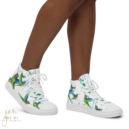 high top shoes, high top sneakers, canvas shoes, trendy shoes, watercolor hummingbird, popular shoes, unique shoe design, mens shoes, womens shoes, trendy fashion, art by jen duran
