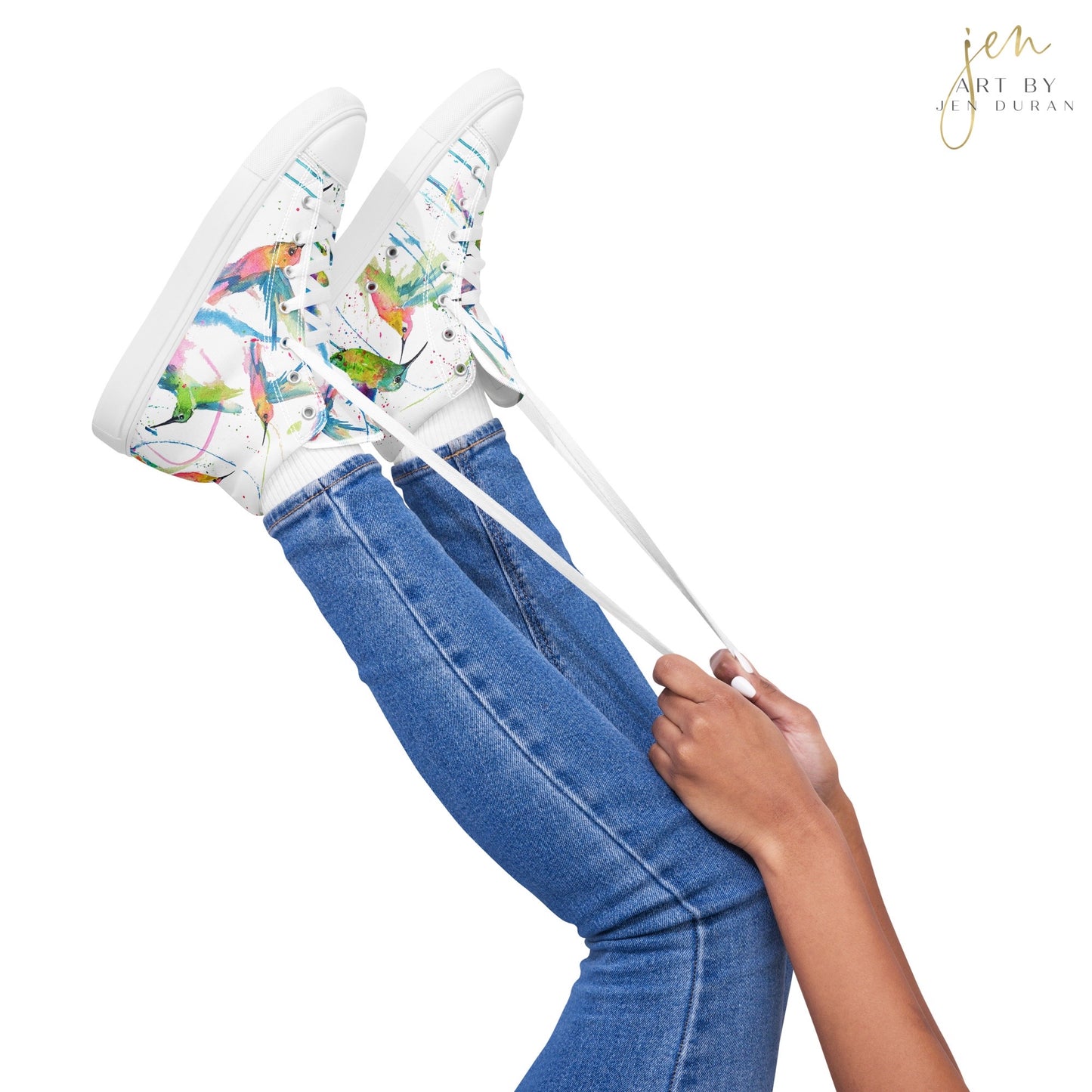 high top shoes, high top sneakers, canvas shoes, trendy shoes, watercolor hummingbird, popular shoes, unique shoe design, mens shoes, womens shoes, trendy fashion, art by jen duran
