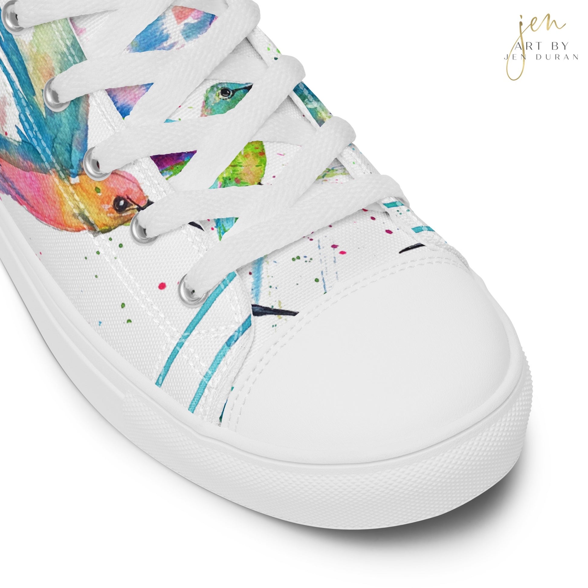 high top shoes, high top sneakers, canvas shoes, trendy shoes, watercolor hummingbird, popular shoes, unique shoe design, mens shoes, womens shoes, trendy fashion, art by jen duran