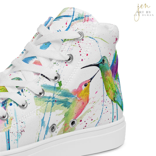 high top shoes, high top sneakers, canvas shoes, trendy shoes, watercolor hummingbird, popular shoes, unique shoe design, mens shoes, womens shoes, trendy fashion, art by jen duran