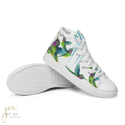 high top shoes, high top sneakers, canvas shoes, trendy shoes, watercolor hummingbird, popular shoes, unique shoe design, mens shoes, womens shoes, trendy fashion, art by jen duran