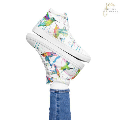 high top shoes, high top sneakers, canvas shoes, trendy shoes, watercolor hummingbird, popular shoes, unique shoe design, mens shoes, womens shoes, trendy fashion, art by jen duran