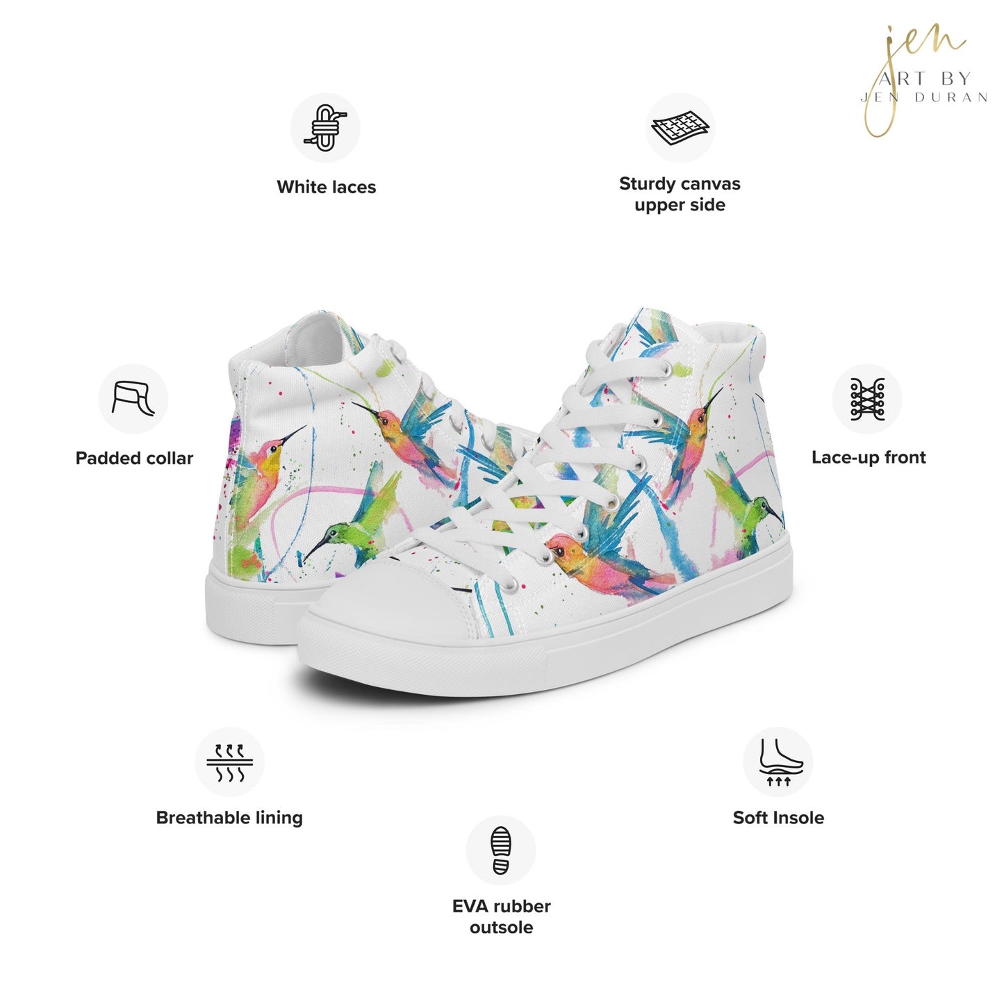 high top shoes, high top sneakers, canvas shoes, trendy shoes, watercolor hummingbird, popular shoes, unique shoe design, mens shoes, womens shoes, trendy fashion, art by jen duran