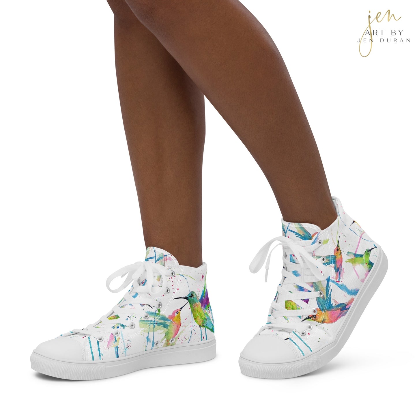 high top shoes, high top sneakers, canvas shoes, trendy shoes, watercolor hummingbird, popular shoes, unique shoe design, mens shoes, womens shoes, trendy fashion, art by jen duran