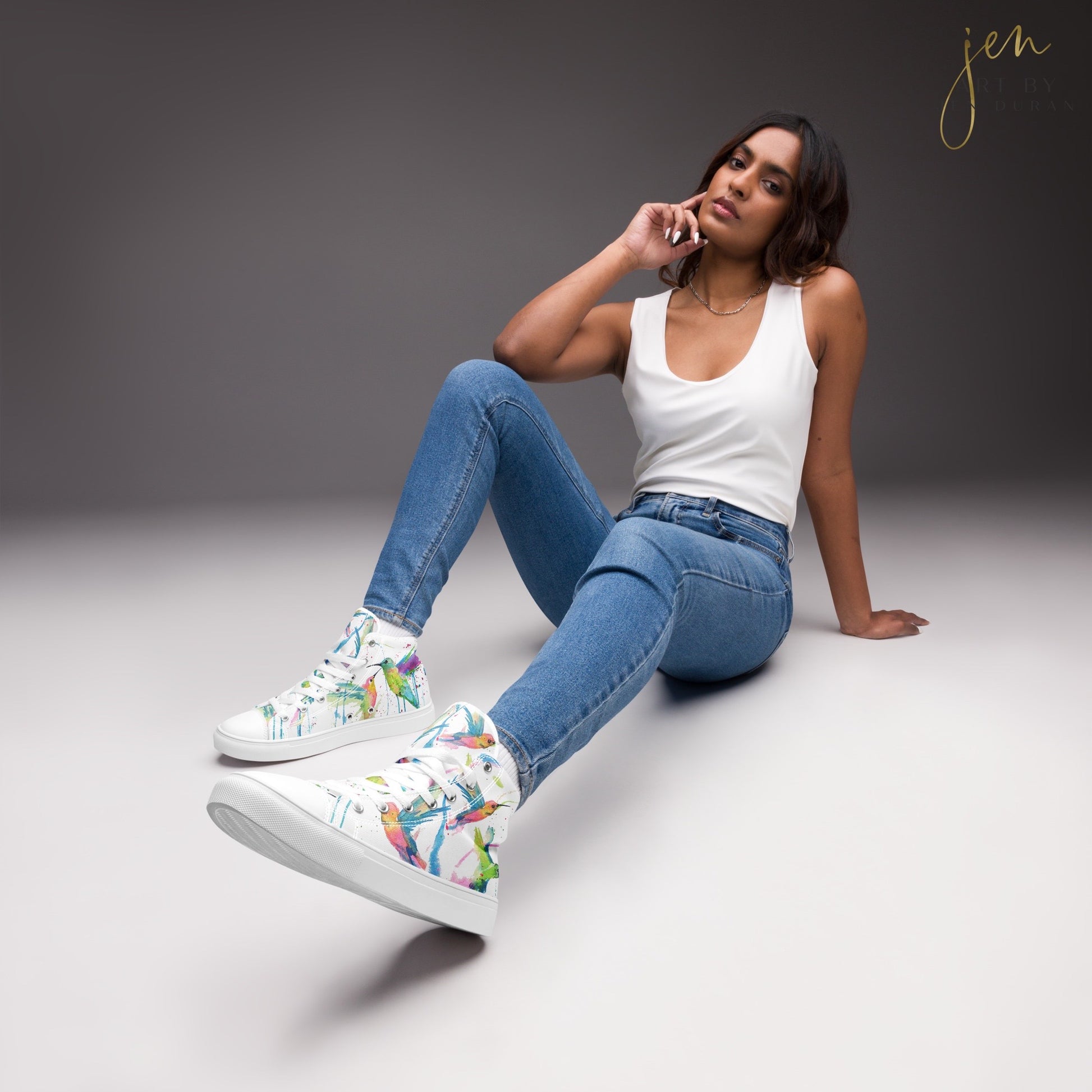 high top shoes, high top sneakers, canvas shoes, trendy shoes, watercolor hummingbird, popular shoes, unique shoe design, mens shoes, womens shoes, trendy fashion, art by jen duran