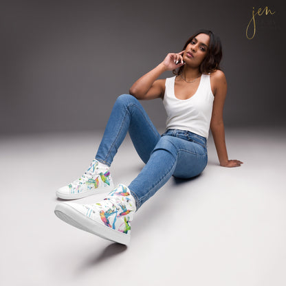 high top shoes, high top sneakers, canvas shoes, trendy shoes, watercolor hummingbird, popular shoes, unique shoe design, mens shoes, womens shoes, trendy fashion, art by jen duran