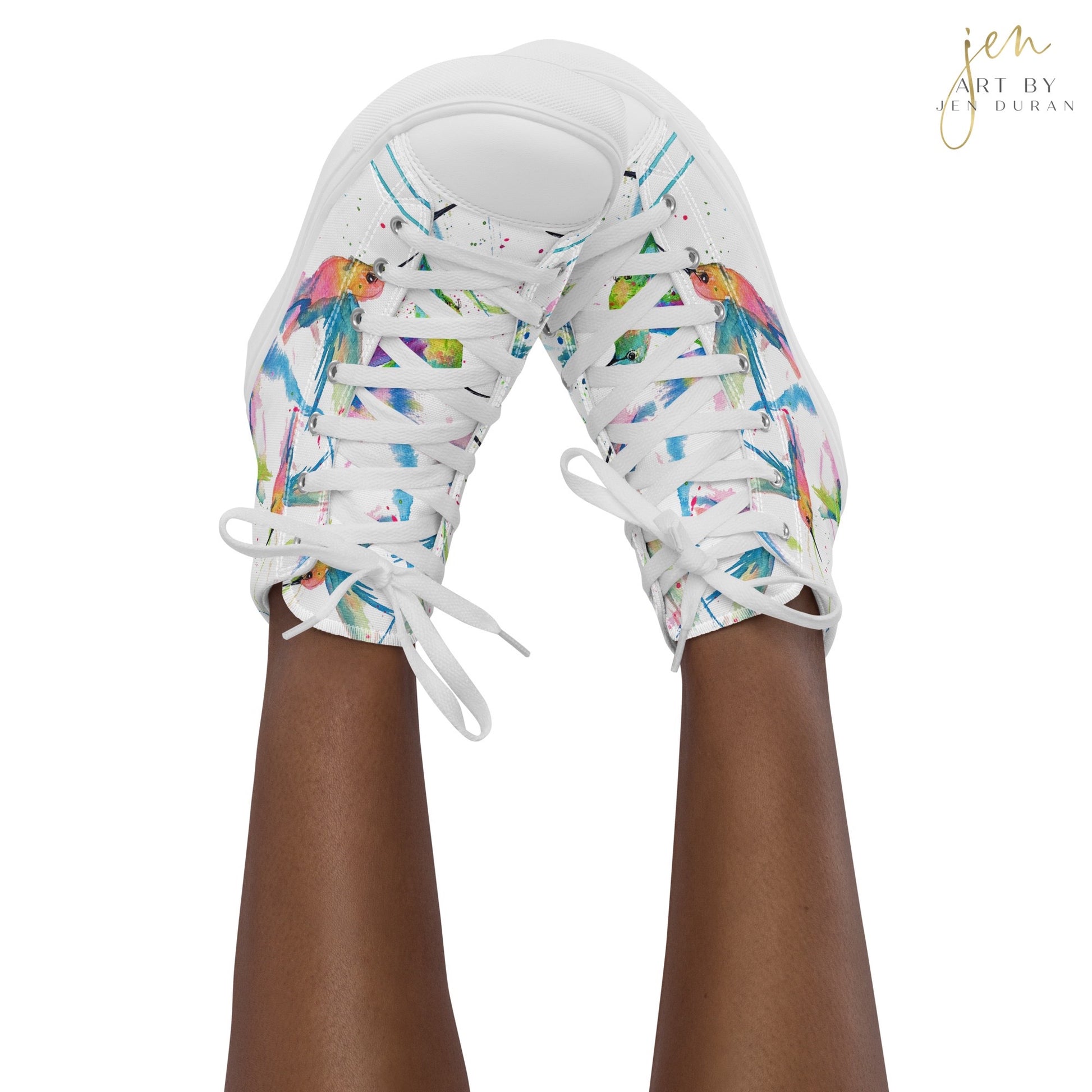 high top shoes, high top sneakers, canvas shoes, trendy shoes, watercolor hummingbird, popular shoes, unique shoe design, mens shoes, womens shoes, trendy fashion, art by jen duran