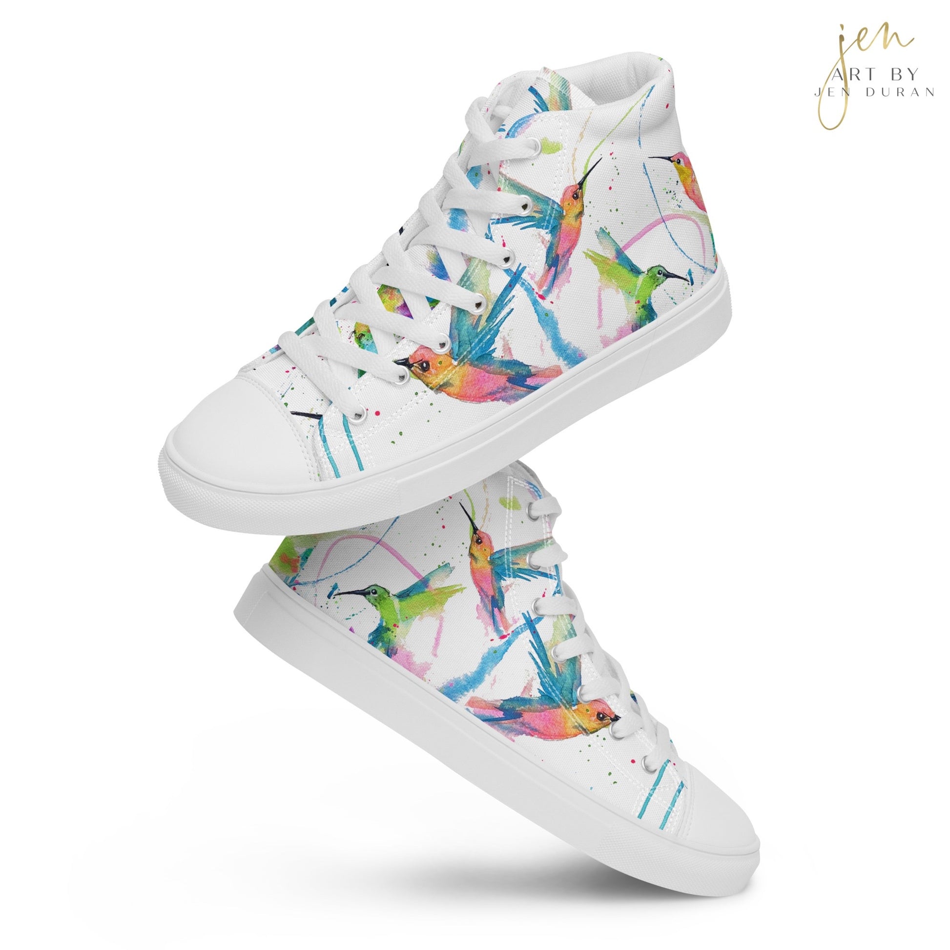 high top shoes, high top sneakers, canvas shoes, trendy shoes, watercolor hummingbird, popular shoes, unique shoe design, mens shoes, womens shoes, trendy fashion, art by jen duran