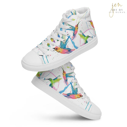 high top shoes, high top sneakers, canvas shoes, trendy shoes, watercolor hummingbird, popular shoes, unique shoe design, mens shoes, womens shoes, trendy fashion, art by jen duran
