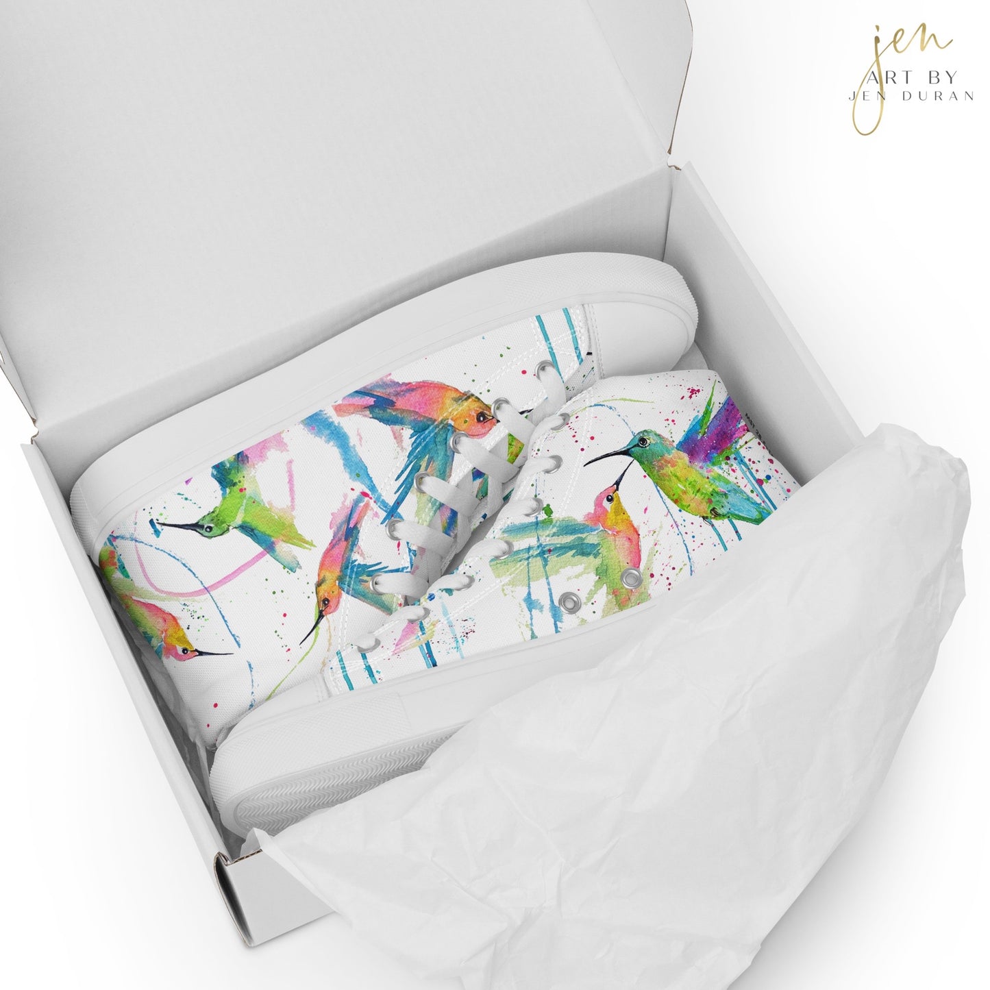 high top shoes, high top sneakers, canvas shoes, trendy shoes, watercolor hummingbird, popular shoes, unique shoe design, mens shoes, womens shoes, trendy fashion, art by jen duran