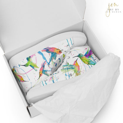 high top shoes, high top sneakers, canvas shoes, trendy shoes, watercolor hummingbird, popular shoes, unique shoe design, mens shoes, womens shoes, trendy fashion, art by jen duran