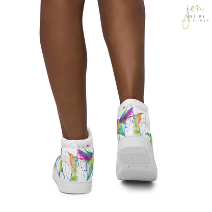 high top shoes, high top sneakers, canvas shoes, trendy shoes, watercolor hummingbird, popular shoes, unique shoe design, mens shoes, womens shoes, trendy fashion, art by jen duran