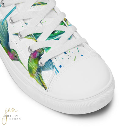 high top shoes, high top sneakers, canvas shoes, trendy shoes, watercolor hummingbird, popular shoes, unique shoe design, mens shoes, womens shoes, trendy fashion, art by jen duran