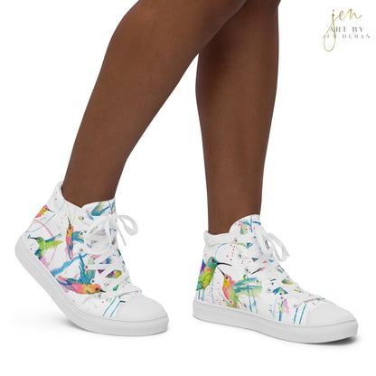 high top shoes, high top sneakers, canvas shoes, trendy shoes, watercolor hummingbird, popular shoes, unique shoe design, mens shoes, womens shoes, trendy fashion, art by jen duran