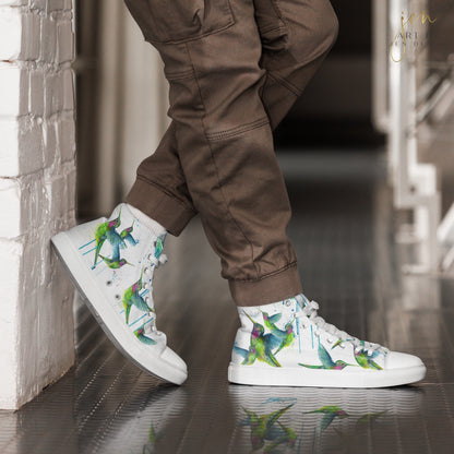 high top shoes, high top sneakers, canvas shoes, trendy shoes, watercolor hummingbird, popular shoes, unique shoe design, mens shoes, womens shoes, trendy fashion, art by jen duran