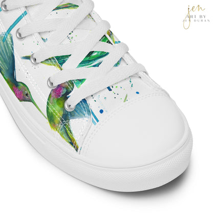 high top shoes, high top sneakers, canvas shoes, trendy shoes, watercolor hummingbird, popular shoes, unique shoe design, mens shoes, womens shoes, trendy fashion, art by jen duran
