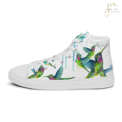 high top shoes, high top sneakers, canvas shoes, trendy shoes, watercolor hummingbird, popular shoes, unique shoe design, mens shoes, womens shoes, trendy fashion, art by jen duran