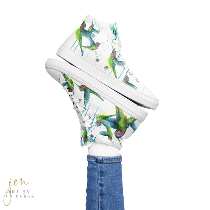 high top shoes, high top sneakers, canvas shoes, trendy shoes, watercolor hummingbird, popular shoes, unique shoe design, mens shoes, womens shoes, trendy fashion, art by jen duran