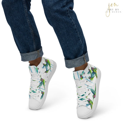 high top shoes, high top sneakers, canvas shoes, trendy shoes, watercolor hummingbird, popular shoes, unique shoe design, mens shoes, womens shoes, trendy fashion, art by jen duran
