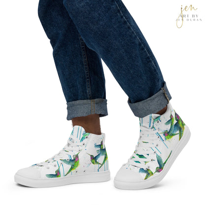 high top shoes, high top sneakers, canvas shoes, trendy shoes, watercolor hummingbird, popular shoes, unique shoe design, mens shoes, womens shoes, trendy fashion, art by jen duran
