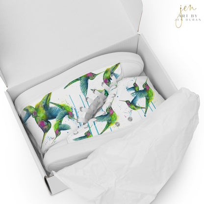 high top shoes, high top sneakers, canvas shoes, trendy shoes, watercolor hummingbird, popular shoes, unique shoe design, mens shoes, womens shoes, trendy fashion, art by jen duran