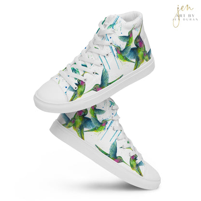high top shoes, high top sneakers, canvas shoes, trendy shoes, watercolor hummingbird, popular shoes, unique shoe design, mens shoes, womens shoes, trendy fashion, art by jen duran