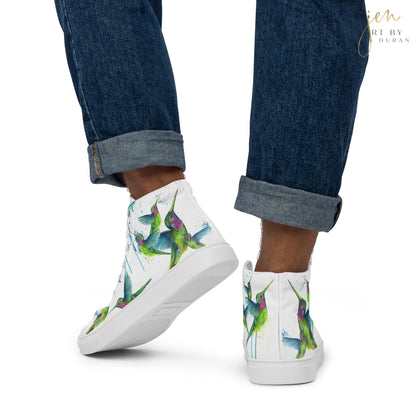 high top shoes, high top sneakers, canvas shoes, trendy shoes, watercolor hummingbird, popular shoes, unique shoe design, mens shoes, womens shoes, trendy fashion, art by jen duran