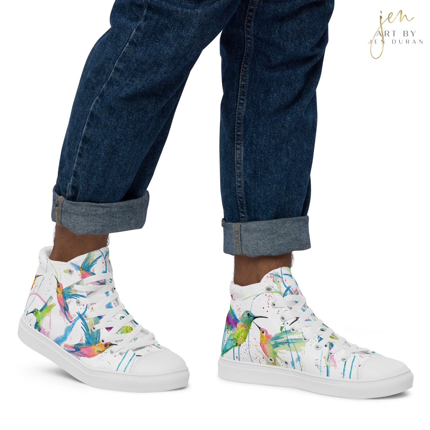 Men’s High Top Canvas Shoes | High Top Sneakers | Watercolor Hummingbird Design