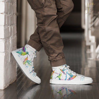 Men’s High Top Canvas Shoes | High Top Sneakers | Watercolor Hummingbird Design
