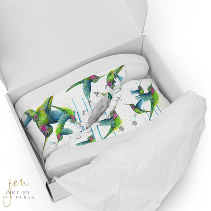 high top shoes, high top sneakers, canvas shoes, trendy shoes, watercolor hummingbird, popular shoes, unique shoe design, mens shoes, womens shoes, trendy fashion, art by jen duran