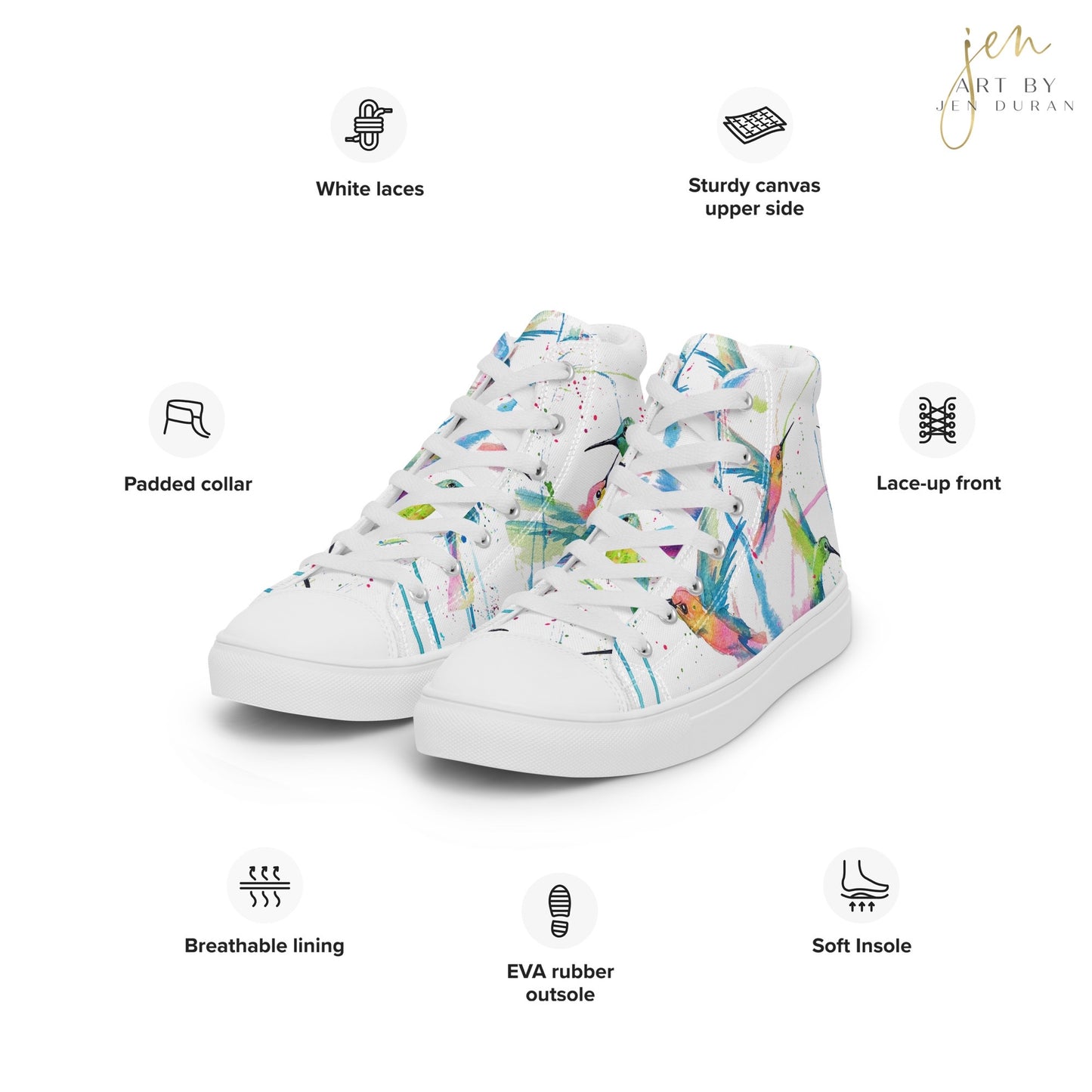 Men’s High Top Canvas Shoes | High Top Sneakers | Watercolor Hummingbird Design