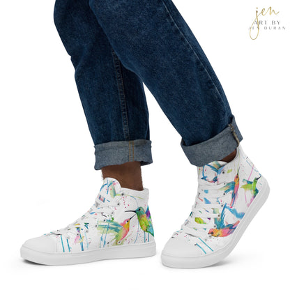 Men’s High Top Canvas Shoes | High Top Sneakers | Watercolor Hummingbird Design