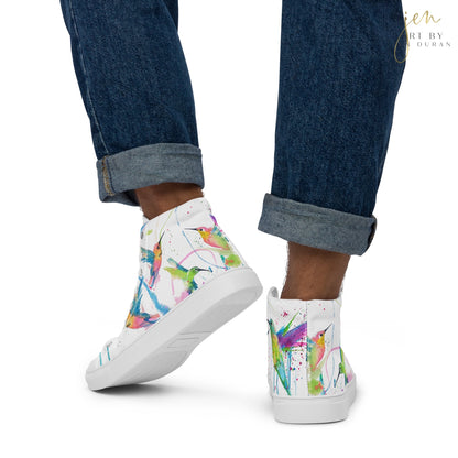Men’s High Top Canvas Shoes | High Top Sneakers | Watercolor Hummingbird Design