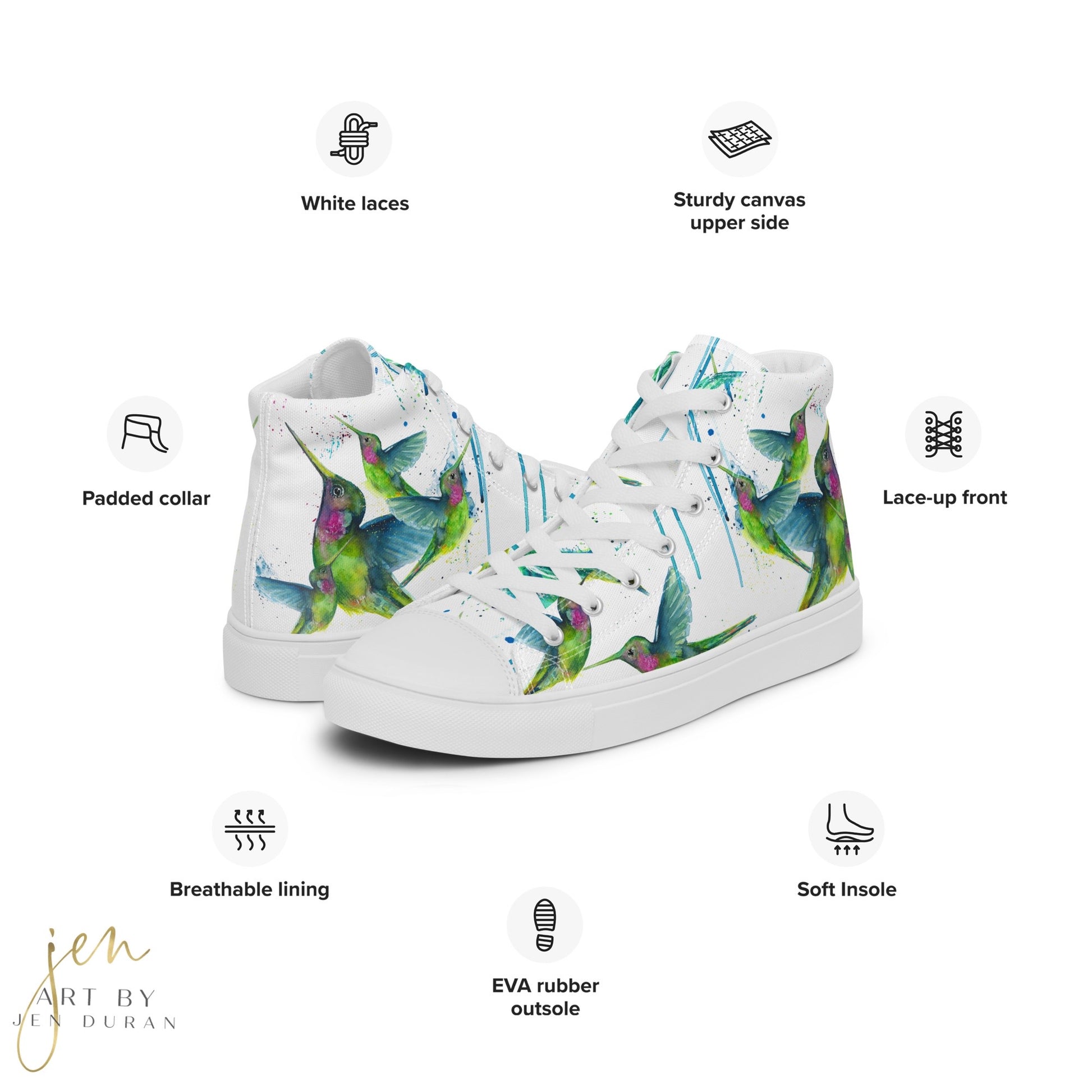 high top shoes, high top sneakers, canvas shoes, trendy shoes, watercolor hummingbird, popular shoes, unique shoe design, mens shoes, womens shoes, trendy fashion, art by jen duran
