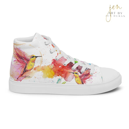 high top shoes, high top sneakers, canvas shoes, trendy shoes, watercolor hummingbird, popular shoes, unique shoe design, mens shoes, womens shoes, trendy fashion, art by jen duran