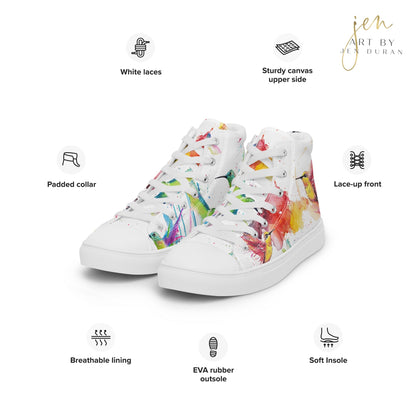 high top shoes, high top sneakers, canvas shoes, trendy shoes, watercolor hummingbird, popular shoes, unique shoe design, mens shoes, womens shoes, trendy fashion, art by jen duran