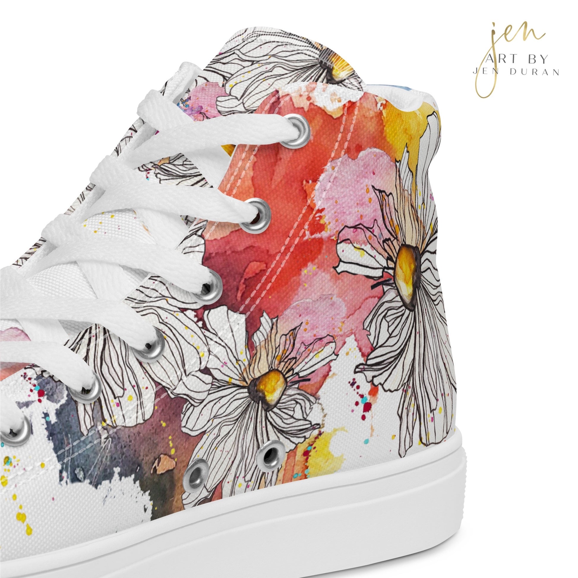 high top shoes, high top sneakers, canvas shoes, trendy shoes, watercolor hummingbird, popular shoes, unique shoe design, mens shoes, womens shoes, trendy fashion, art by jen duran